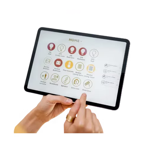 Tablet screen displaying smart home controls for lighting and devices.