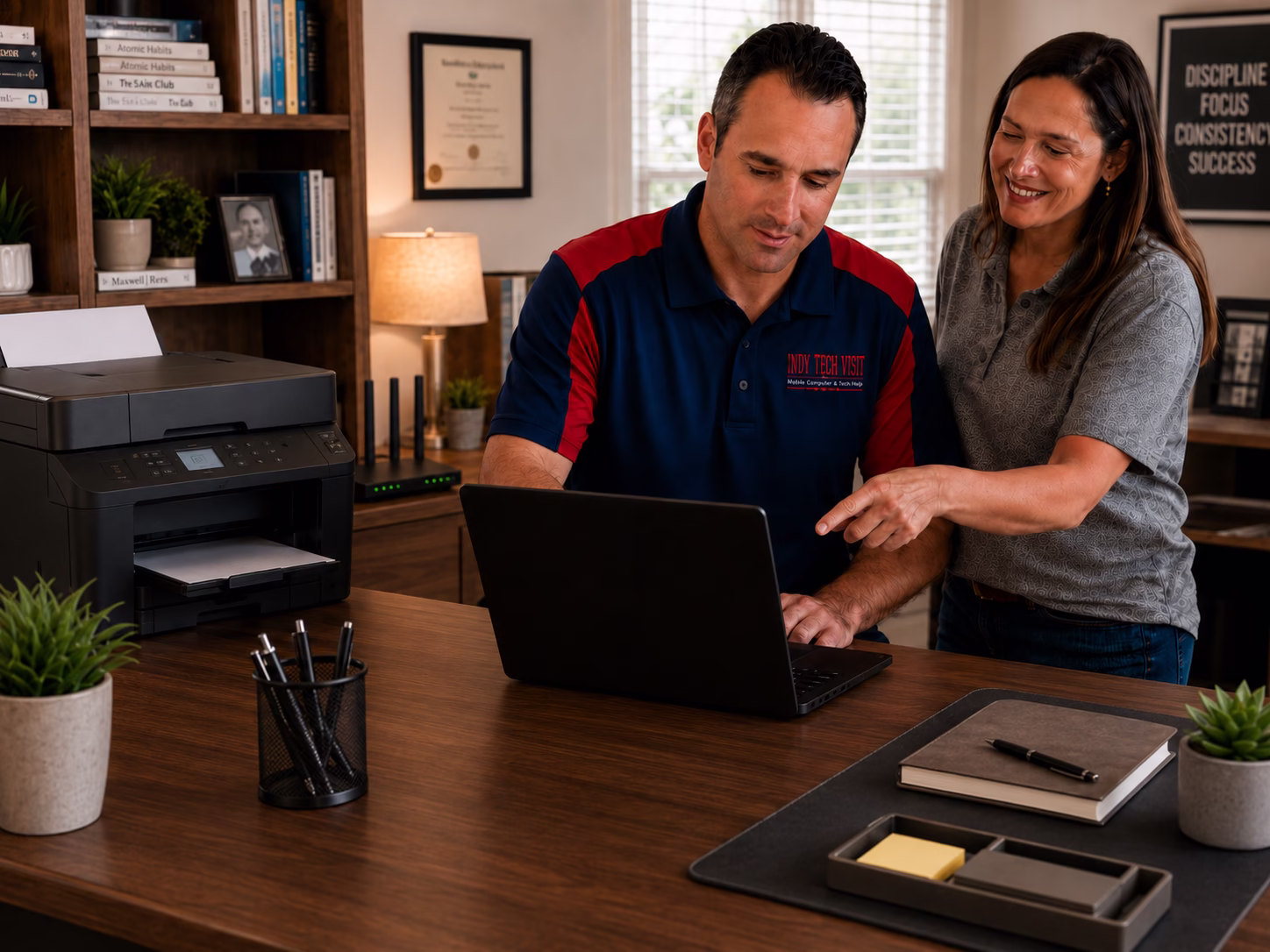 In-home tech support technician helping customer with laptop, printer, and wireless router in a home office