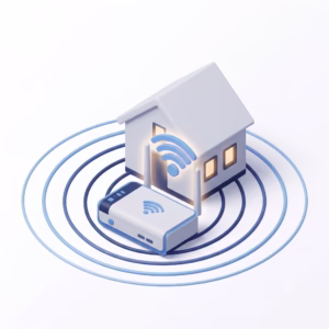 3D illustration of a Wi-Fi router broadcasting signal around a house representing whole-home wireless network support