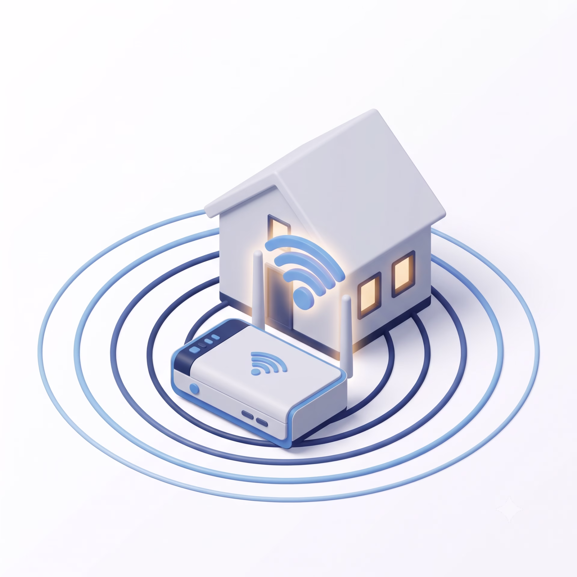 3D illustration of a Wi-Fi router broadcasting signal around a house representing whole-home wireless network support