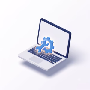 3D illustration of a laptop with wrench and gear icon representing in-home computer repair services in Carmel and Indianapolis
