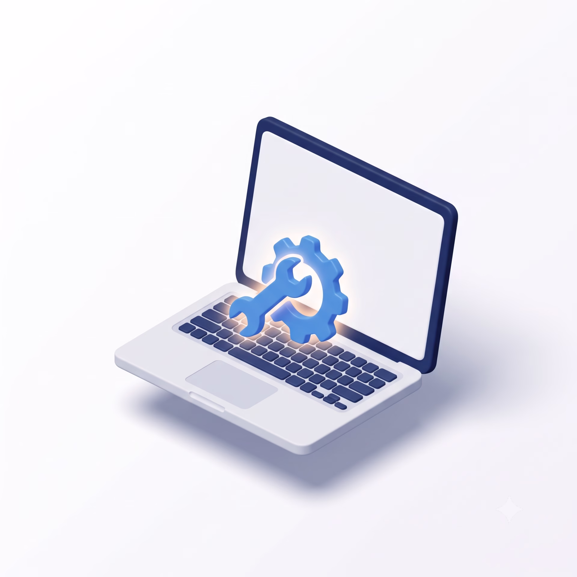 3D illustration of a laptop with wrench and gear icon representing in-home computer repair services in Carmel and Indianapolis