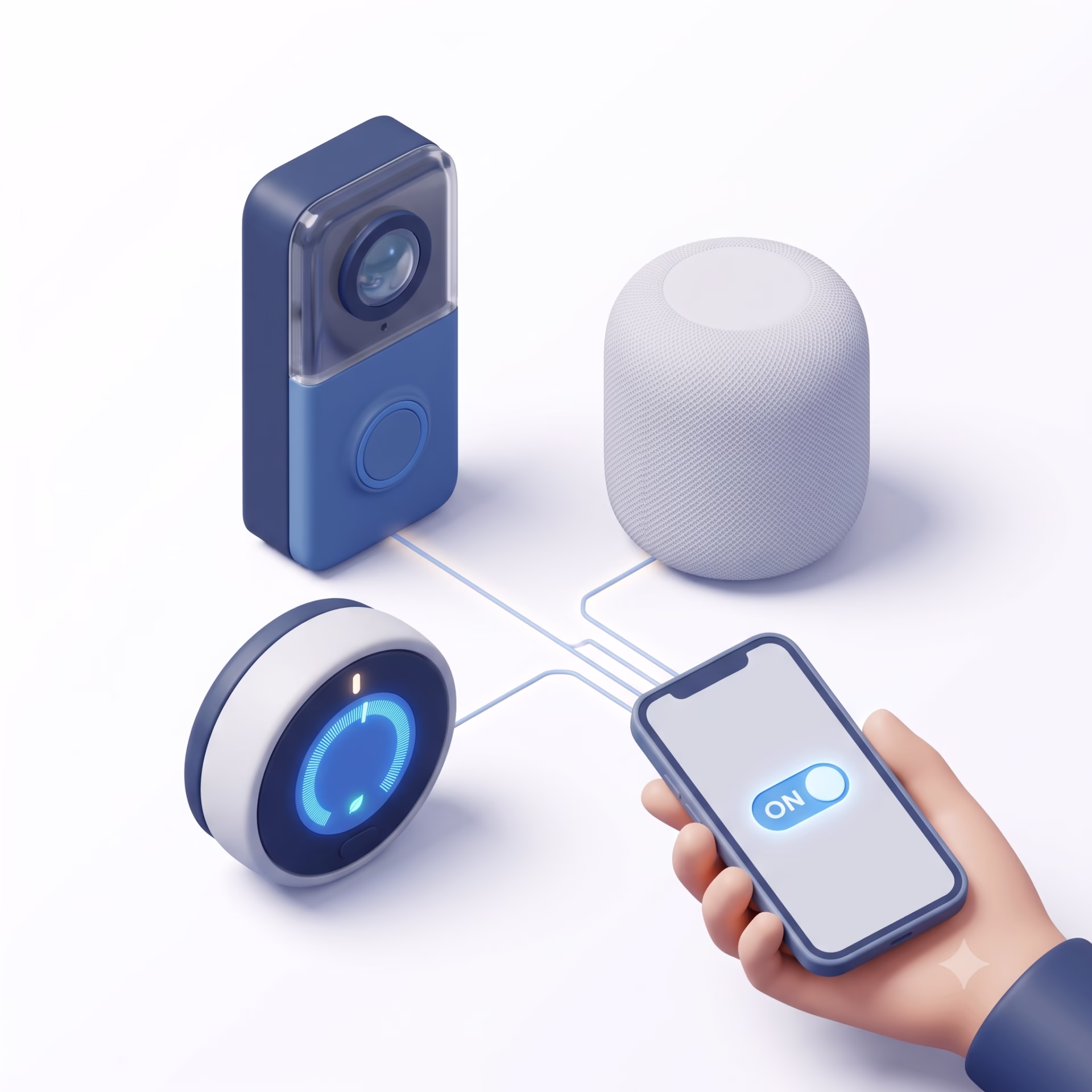 3D illustration of a video doorbell, smart thermostat, and smart speaker controlled from a smartphone, representing in-home smart device setup