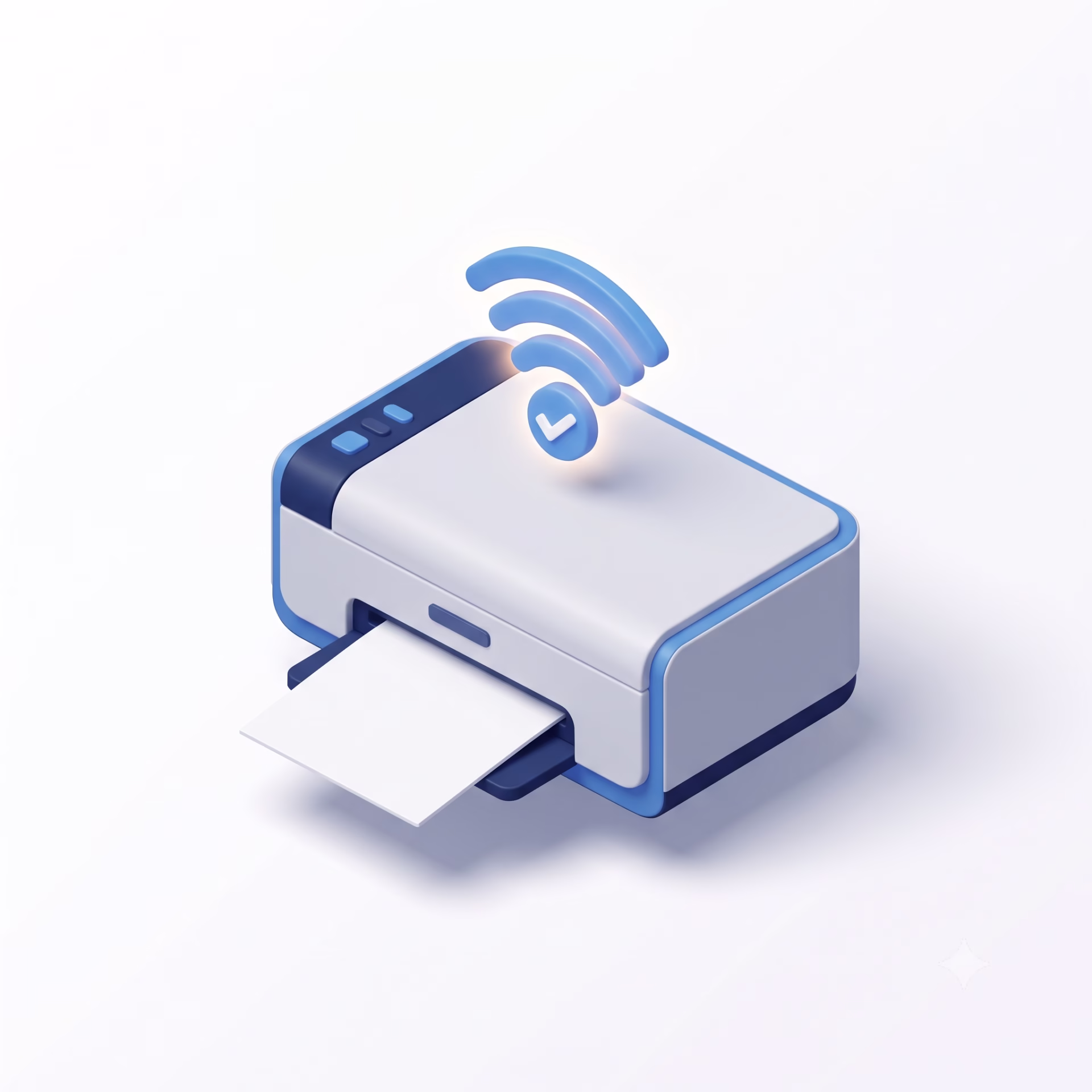 3D illustration of a wireless printer with Wi-Fi signal and checkmark representing in-home printer setup and troubleshooting